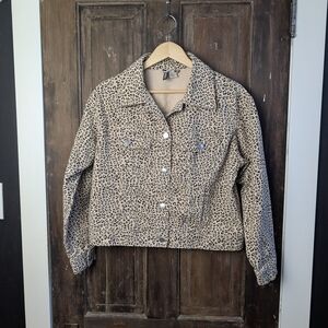 Leopard Print Divided Denim Jacket | Punk Moto Edgy Festival | Size Large